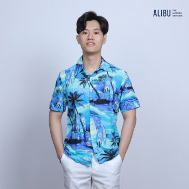 Áo sơ mi họa tiết quả bãi biển cây dừa xanh Alibu