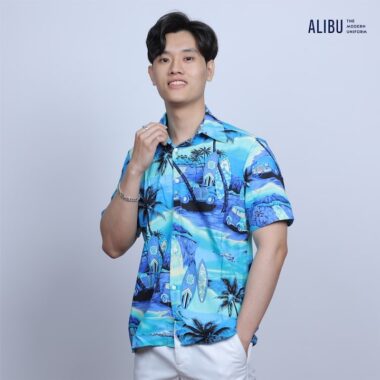 Áo sơ mi họa tiết quả bãi biển cây dừa xanh Alibu