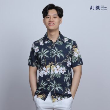 Áo sơ mi họa tiết quả bãi biển lá cọ xanh 434 Alibu mặt trước