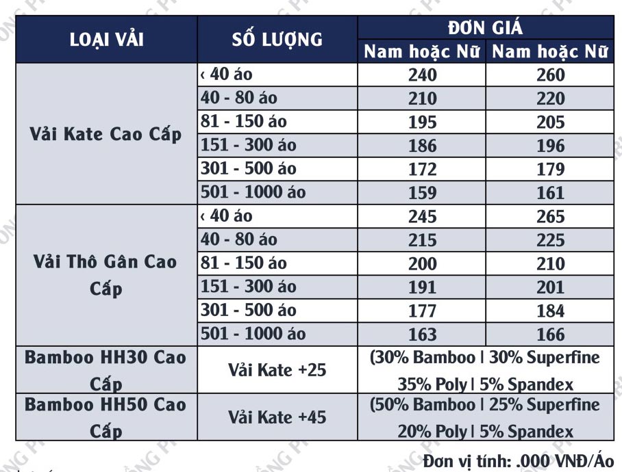 Bảng giá đồng phục Alibu 2 Bảng giá áo sở mi đồng phục Alibu