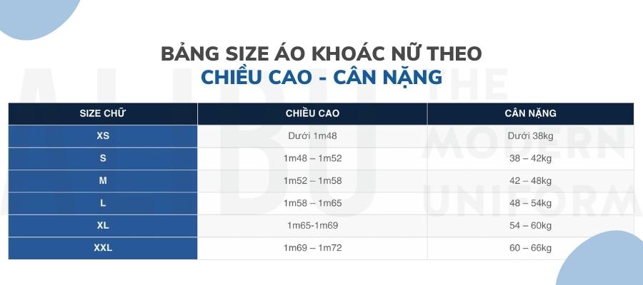 Cách Chọn Size Áo Khoác Nam Nữ A-Z Chuẩn Nhất 2022 3 Bảng size áo khoác nữ theo cân nặng và chiều cao