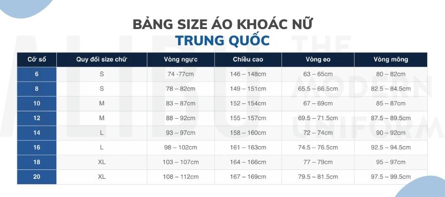 Cách Chọn Size Áo Khoác Nam Nữ A-Z Chuẩn Nhất 2022 8 Bảng size áo khoác nữ Trung Quốc